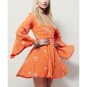 Free People Papaya Orange Bell-Sleeve Embroidered Mini Dress